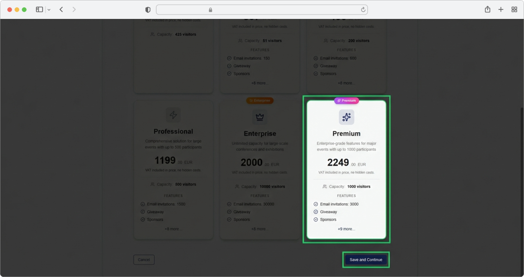 Select your preferred tier card and click "Save and Continue"