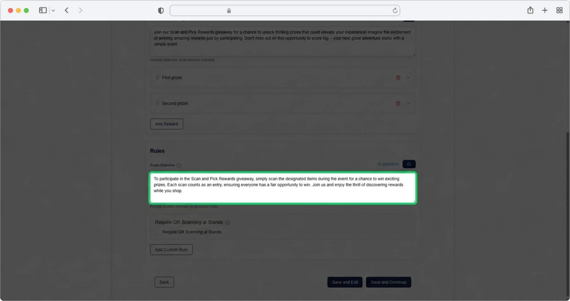 Enter a rules overview or use the AI assistant