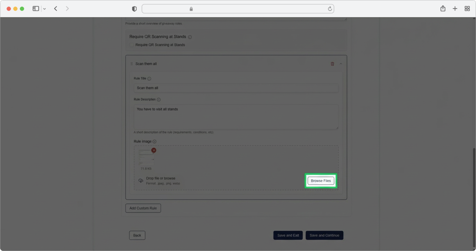 Upload a rule image, then add more rules or save and continue