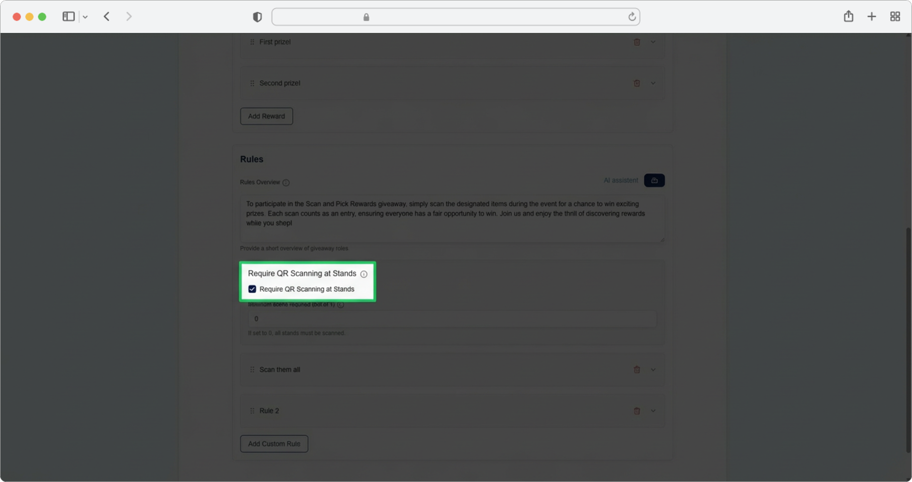 Check "Require QR Scanning at Stands" to enable QR code tracking at your stands